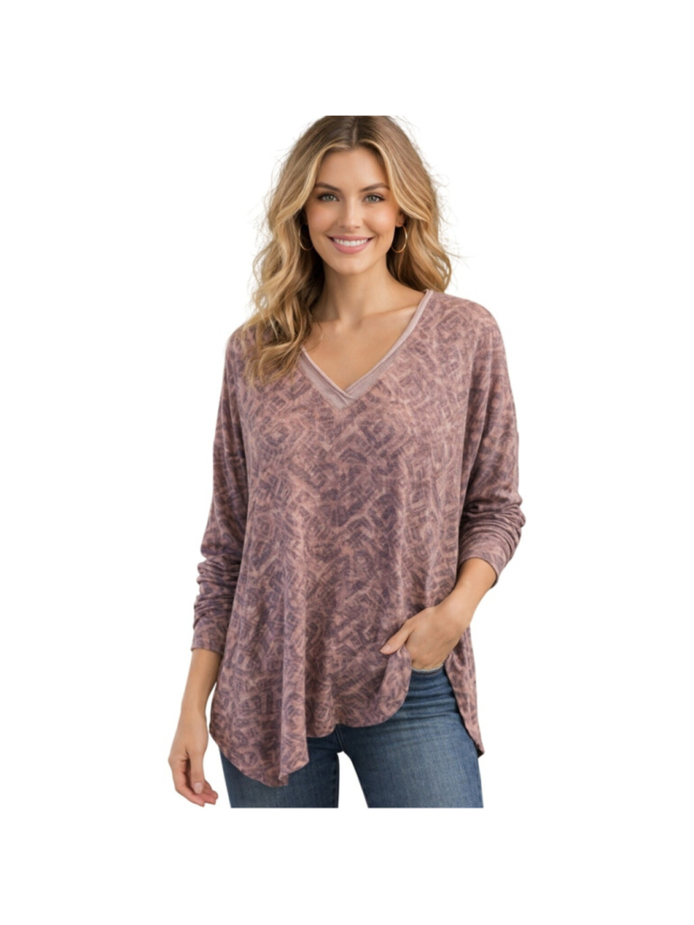 Democracy Large Tribal Print Maroon Knit Lace V Neck Sweater